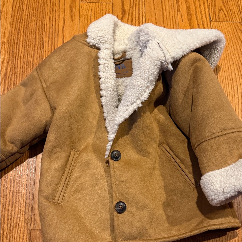 Zara Tan Kids Pea Coat with Sherpa Lining
